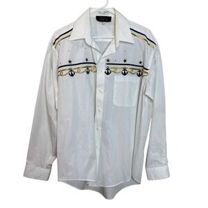 VNTG Nautical Embroidered‎ Shirt Men's L Sailboat Anchors Gold Rope 80s 90s Glam